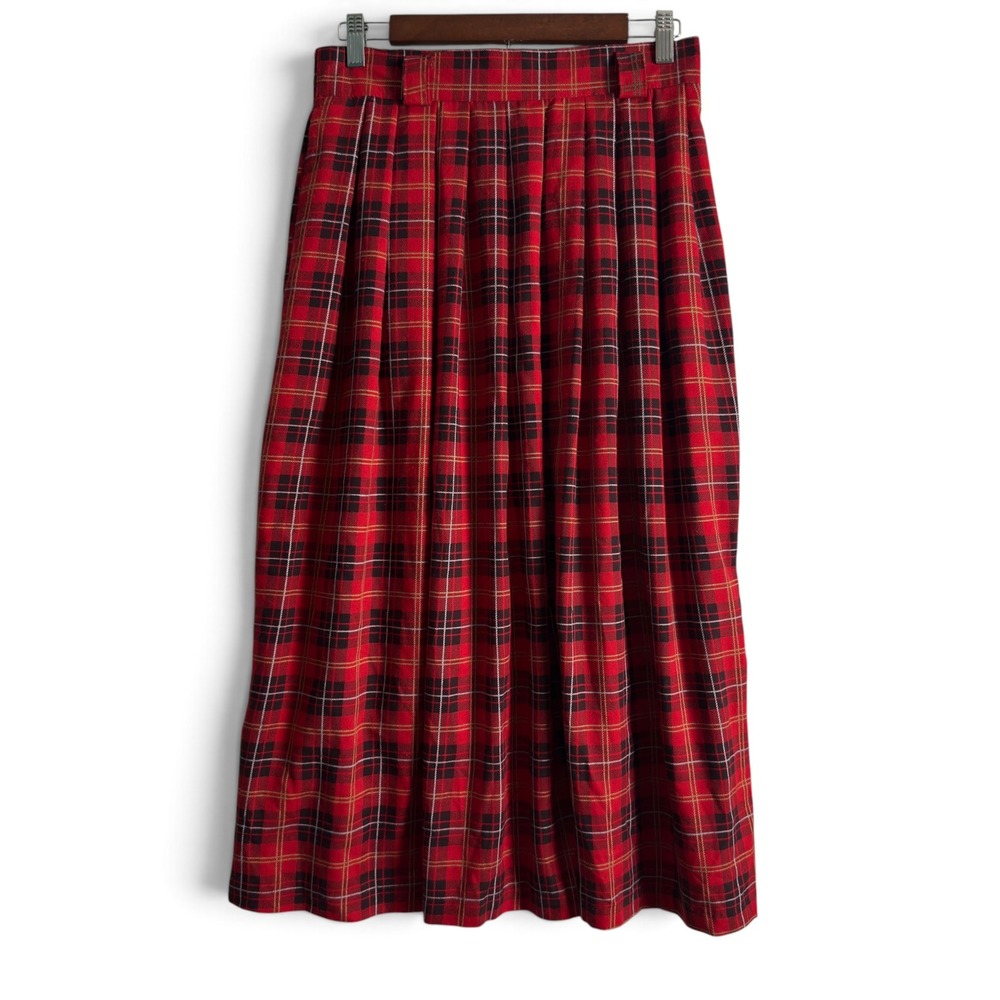 Diane Richard Plaid Pleated Midi Skirt Red Tartan Women Size 14 Vintage USA Made - Picture 1 of 5